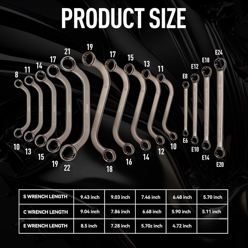DISEN 14-Piece Half Moon&S-Style & E-Torx Wrench Set, CR-V, Wrench 5-Piece Half Moon Box Set Metric 8mm to 22mm,4-Piece E-Torx E6-E24,5-Piece S-Style Box 10-19mm,12 Point, EVA Foam Tool Organizer - Image 2